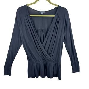 Lilla P Pima Cotton Black Pleated V-Neck Long Sleeve Lightweight Stretchy Top M